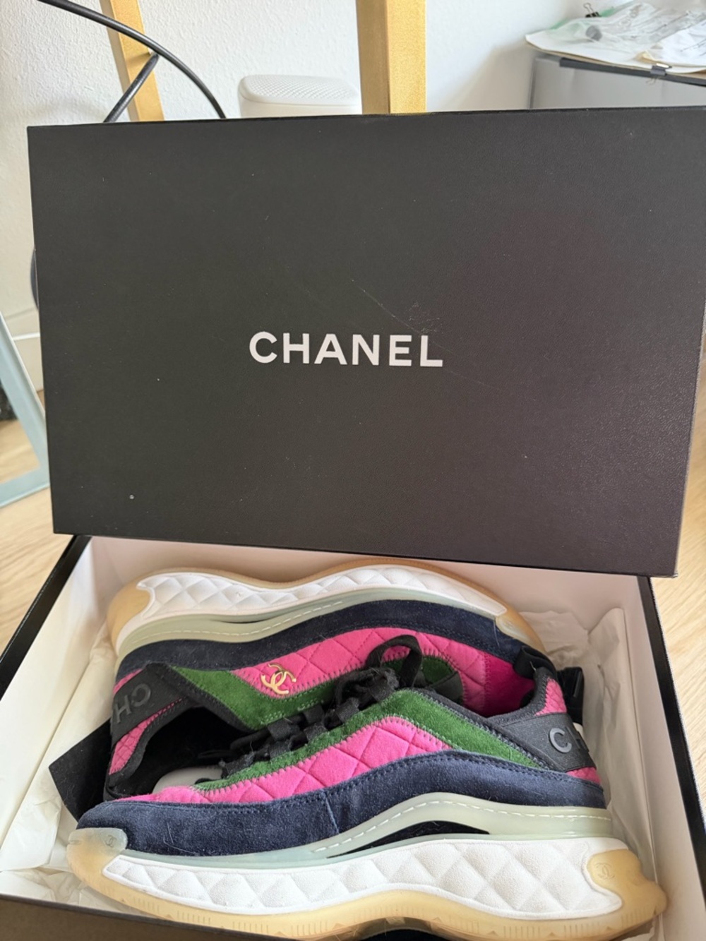 CHANEL Pink Green Navy Quilted Suede trainers
